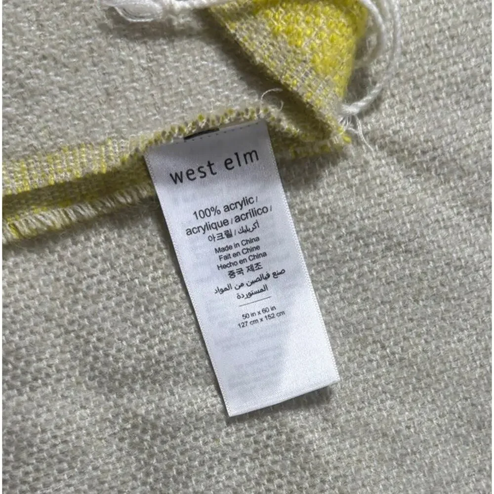 West Elm 'Nice' Throw Blanket Accent Quilt Gray Green-Yellow Fringe Slogan Soft
